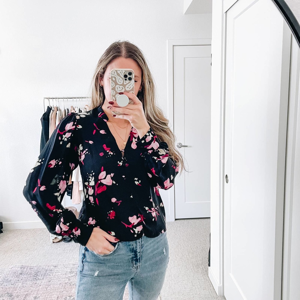 A.L.C. Black and Pink Floral Button Down Shirt